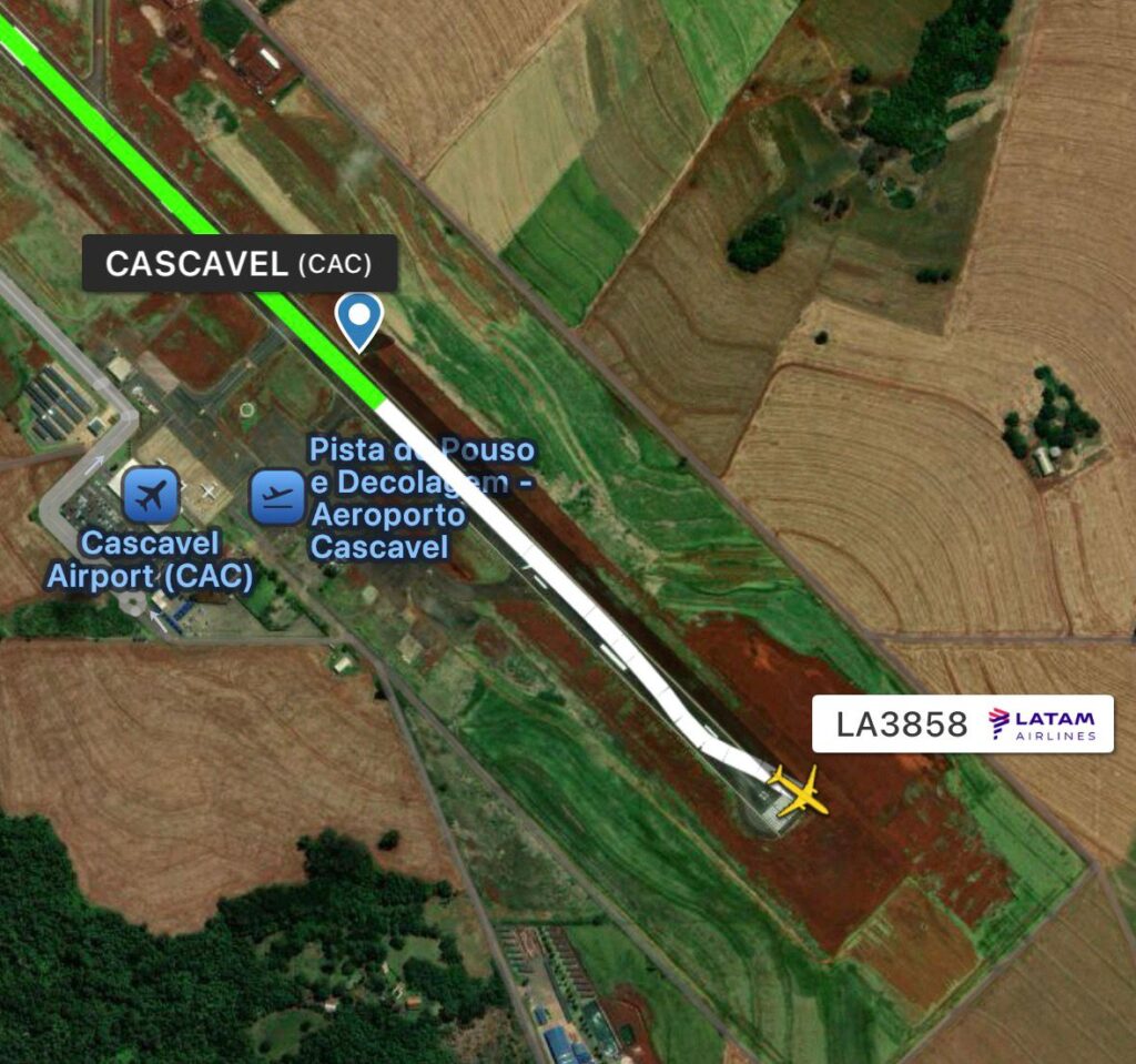 Flightradar24 data shows the ground track of LATAM flight LA3858, which veered off the left side of runway 15 at Cascavel Air