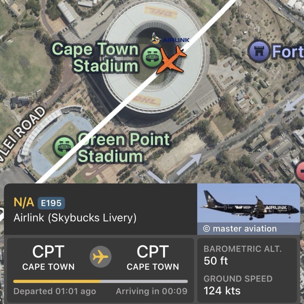 FlightRadar24 data captures an Airlink E195 over the DHL Stadium during Saturday's low flypast ahead of the Springboks vs All