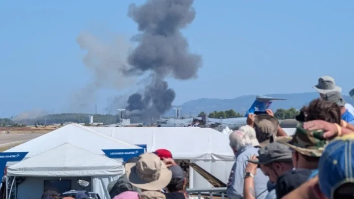 Thick black smoke rising over Tanagra Air Base after an F-4 Phantom crashed during Athens Flying Week