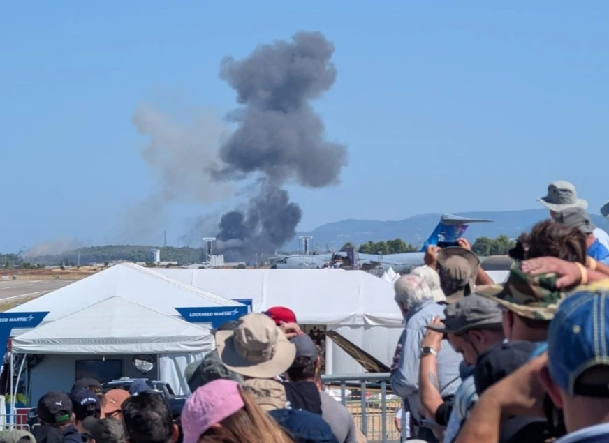 Thick black smoke rising over Tanagra Air Base after an F-4 Phantom crashed during Athens Flying Week