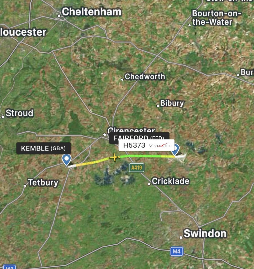 Image credit: Flightradar24 — The subsequent six-minute flight from RAF Fairford to Cotswold Airport at Kemble.