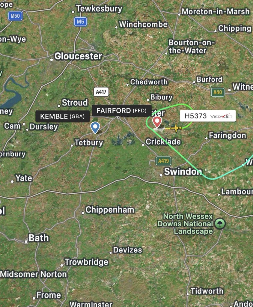 Image credit: Flightradar24 — H5373’s approach to RAF Fairford, with its intended destination, Kemble, visible to the west