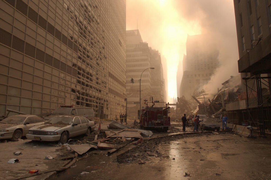 Lower Manhatten after the collapse of the World Trade Center in New York. (September 11, 2001)