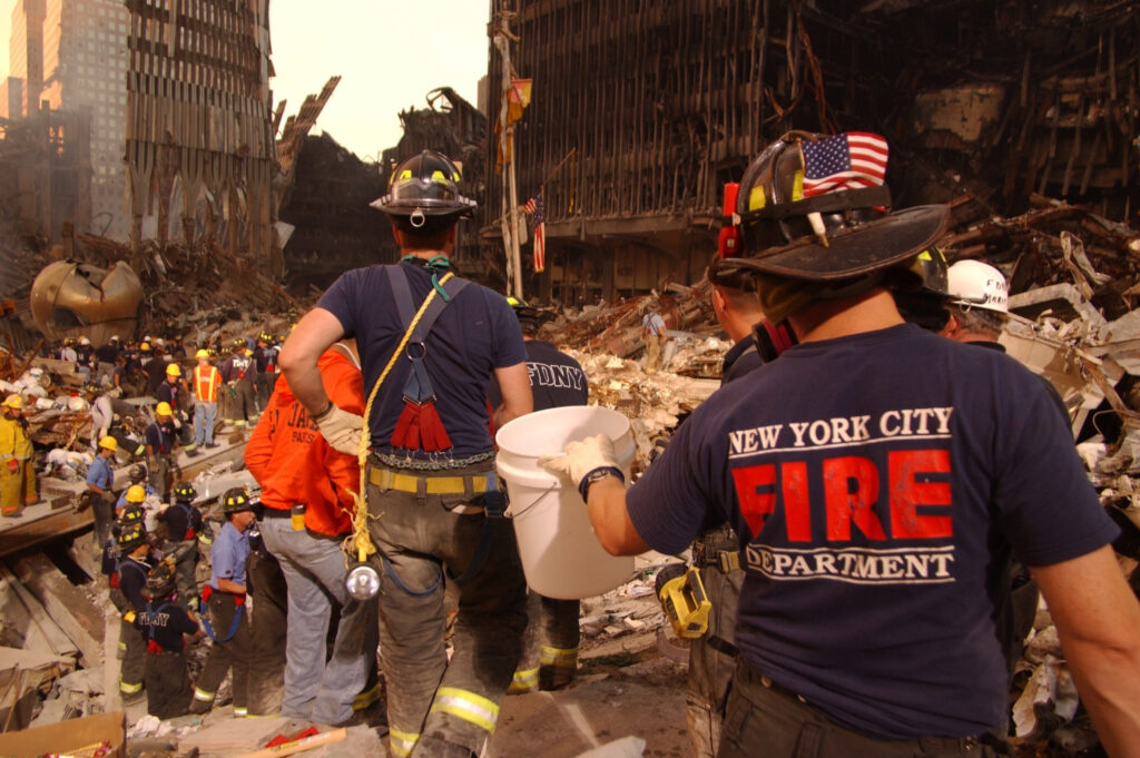 Rescue workers are searching the rubble for survivors after the 9/11 terrorist attack.