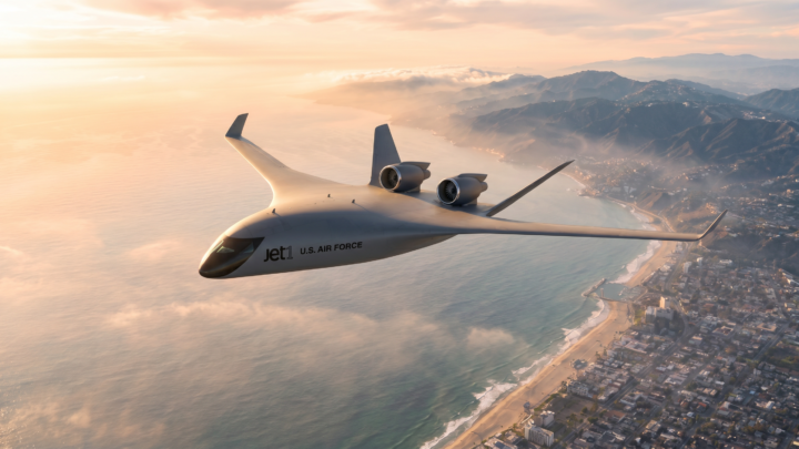 Rendering of JetZero’s Jet1 blended-wing demonstrator flying over the Southern California coastline.