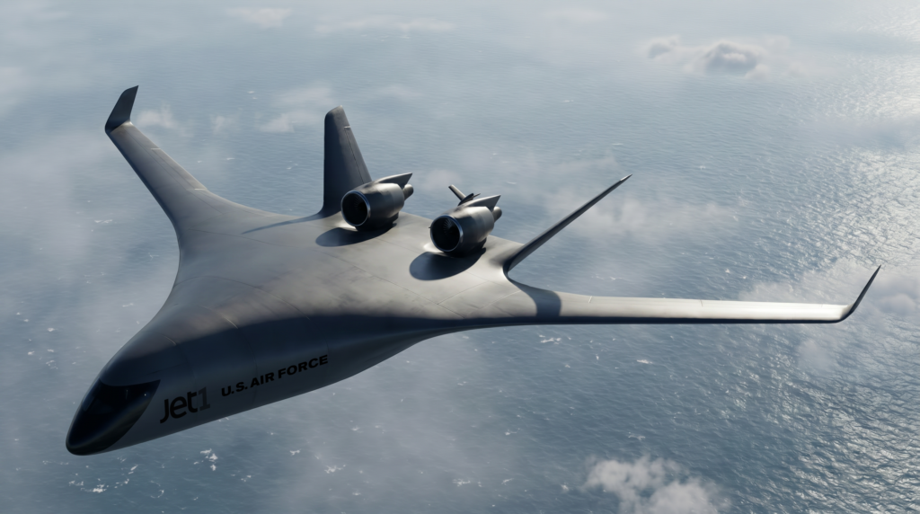 Rendering of the JetZero Z4 blended-wing-body aircraft in flight.