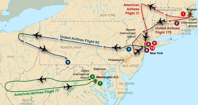 Flight paths of the hijacked planes on September 11, 2001, and their crash sites.