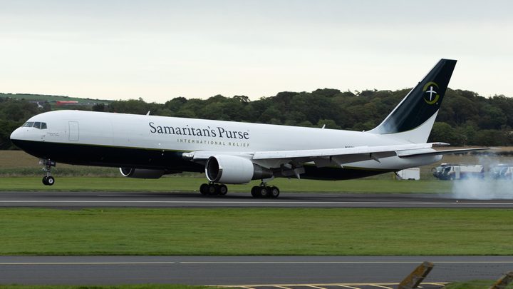 Samaritan’s Purse Boeing 767-300F N367SP landing at Glasgow Prestwick Airport while carrying flood-relief supplies towards Nepal