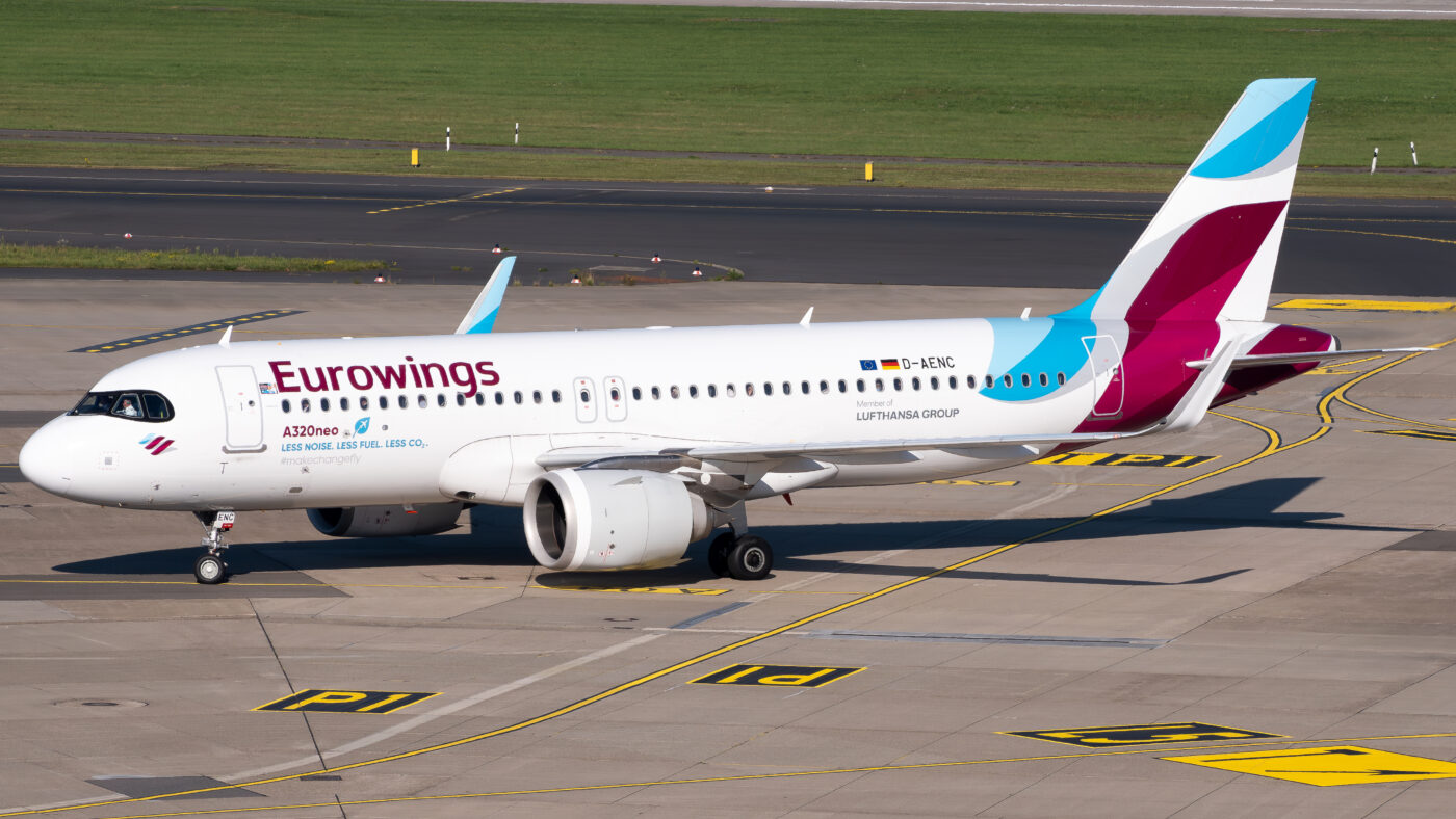 Eurowings Airbus A320neo D-AENC taxiing at an airport as the airline considers short-time working amid rising fuel costs.
