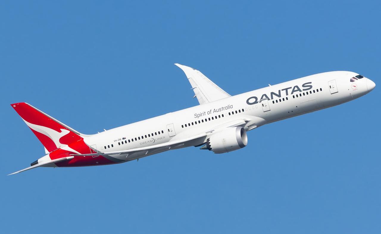 Qantas Boeing 787-9 Dreamliner VH-ZNI climbing against a clear blue sky. The aircraft was involved in a bedbug incident on flight QF5 from Perth to Rome in October 2026.